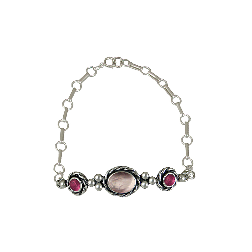 Sterling Silver Gemstone Adjustable Chain Bracelet With Rose Quartz And Pink Tourmaline